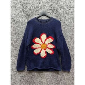 Pachamama 100% Wool Daisy Pattern Pullover Sweater Navy Blue Womens Size M